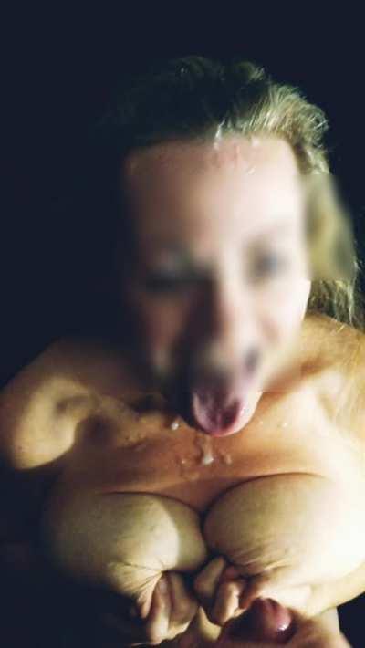 My big titted, 48yo gf taking my hot load to the face!