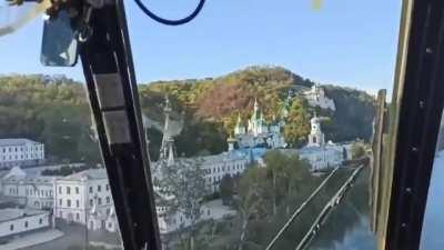 Ukrainian Mi-8 flies at low level over the Siverskyi Donets River in Svyatohirs'k, Donetsk Oblast.