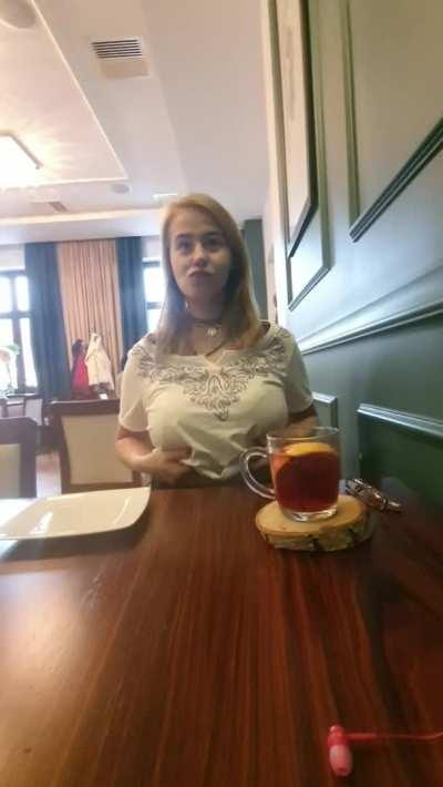 You sit in a restaurant in front of such a modest girl and would you expect such a size?
