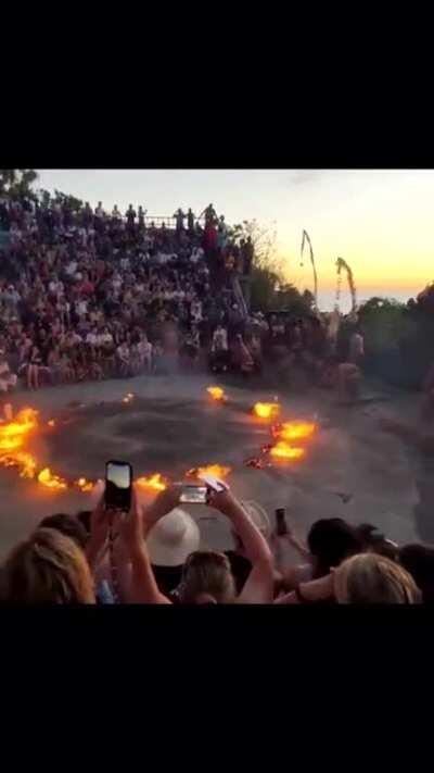 Re-enactment of Ramayana in Bali, Indonesia. Ravana insulted by Hanuman's behavior, ordered his men to set Hanuman's tail on 🔥 . As they did that, Hanuman lept away with tail on fire. He jumped from building to building, setting them all on 🔥