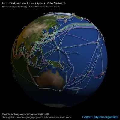 The Earth's submarine fiber optic cable network, visualized in RStats with rayrender