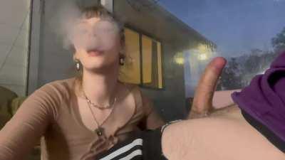 went outside for a smoke and ended up with a mouthfull of cum