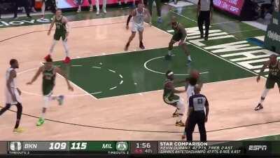 [Highlight] Giannis rejects KD but Kyrie hits the huge 3 pointer as the shot clock expires!