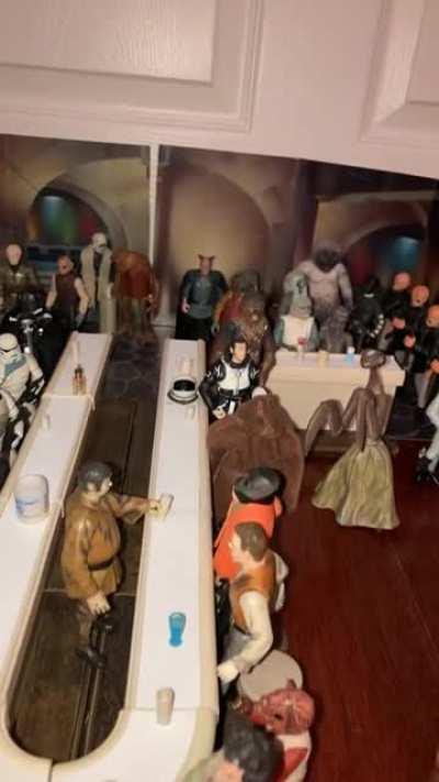 Mos Eisley Cantina scene I’m working on with 3.75 inch figures. Still missing a couple figures but it’s nearly done