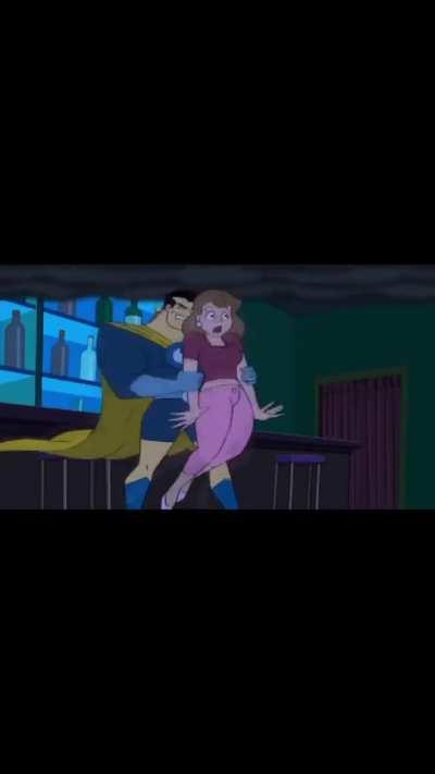 Generic comic book super hero saves lady