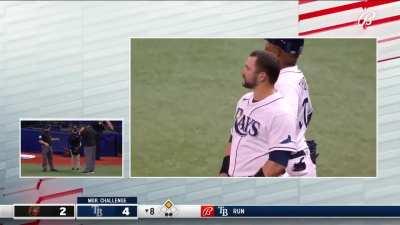 [Highlight] Replay Review completely botches a call in the Orioles-Rays game. Mountcastle clearly off the bag when he catches the ball and Zunino is called out.