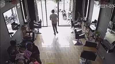 Guy in a hurry face plant head first (out cold!)