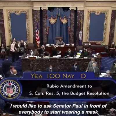 In a packed Senate chamber with colleagues / staff just feet away from him, Rand Paul refuses to put on a mask, putting the health of everyone around him at risk. So Sherrod Brown calls him out