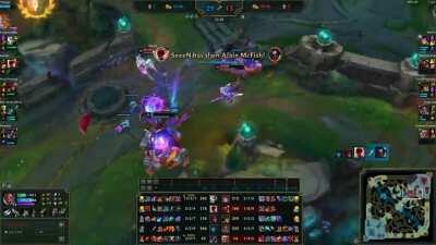 Support dives ADC at minute 33, takes 5 turret shots and wins 1v1.