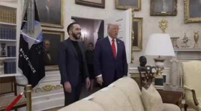 Before the press came in, but while a live feed was running, Trump was speaking with the President of El Salvador. Referring to the deportation of U.S. citizens, he said: 'Home-growns are next... You're going to need to build about five more places.'