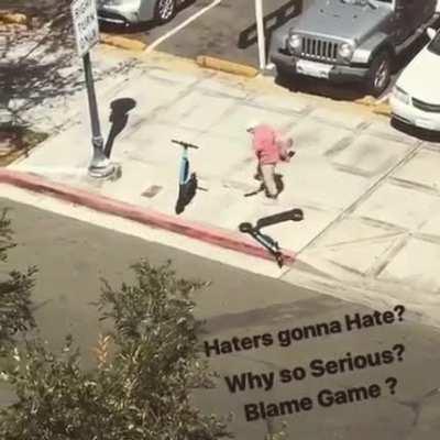 Old woman randomly knocking over scooters