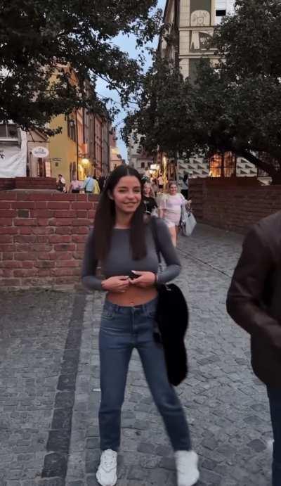 European chick flashing huge pierced rack in public. Who?