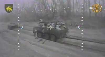 Arrival of a Ukrainian kamikaze drone on a Russian armored personnel carrier with an armored landing force in the Lugansk region
