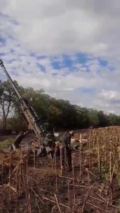 Ukrainian artillerymen fire at enemy positions from an American M777 howitzer with M982 Excalibur adjusted shells.