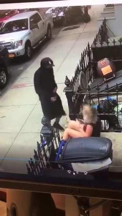 Guy ejeculates on woman on street