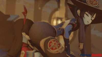 Mona tweaking on Amber's face by (Kishi3D)