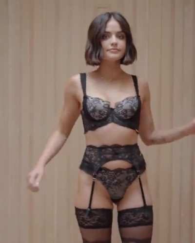 Lucy Hale in a very risky lingerie piece with bra, panties and stockings