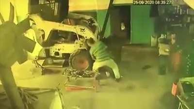 Crushed by skid loader bucket.