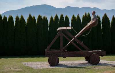 man launches himself across the yard with record setting homemade diy catapult
