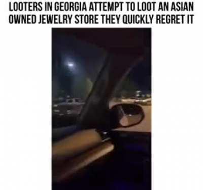 A swarm of looters attempt to rob a store, then run away once the owner starts shooting at them