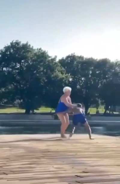 Angry Kid Pushes Fragile Grandma Into Lake