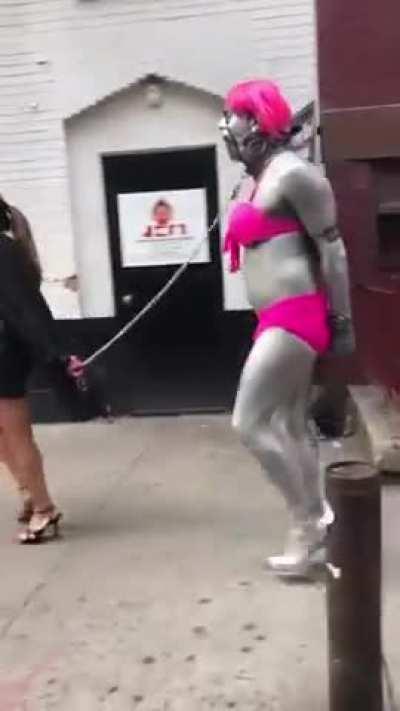 A woman walking her pet(?)