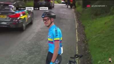 Cyclist left stranded after getting a flat tire.