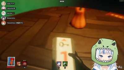 Sharkasaurus rex scared by a clown disguised as a pumpkin