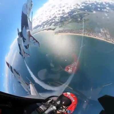 US Air Force 'Thunderbirds' Squadron doing a full 360° loop in tandem at an air show.