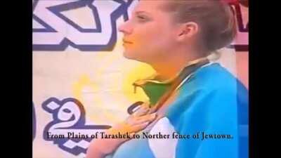 Shooting tournament plays a mock of the Kazahkstan national anthem. After the Kazakh team wins it.