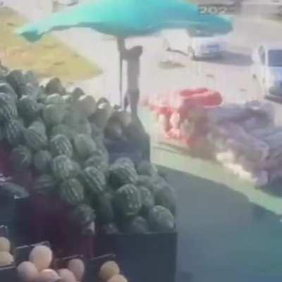 Hurricane-force winds in Turkey carried away a watermelon-seller along with an umbrella  