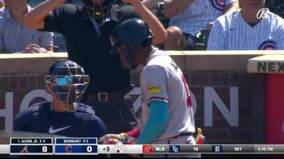 [Highlight] [Highlight] Position player Tucker Barnhart backs up after tossing a slow pitch to Ronald Acuña Jr.