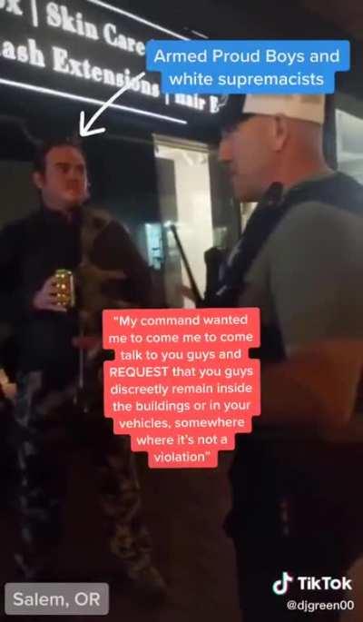 Police Officer Tells Proud Boys to Hide Inside Building Because They're About to Tear Gas Protesters. the Officer Said He Was Warning Them 