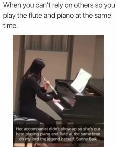 Woman plays piano and flute at the same time
