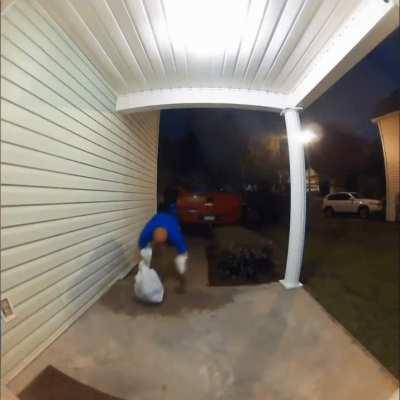 Is he delivering or bringing it home?