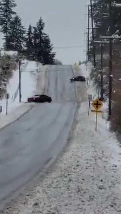 Narrowly avoids collision on icy road
