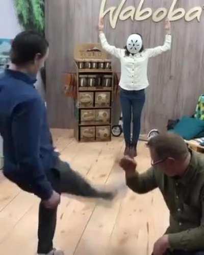 Woman roleplays as field goal post