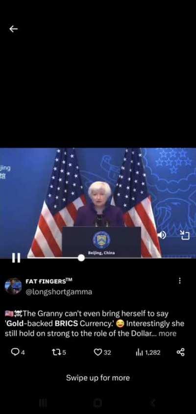 Yellen says BRICS Gold back currency is not a threat to the USD. 