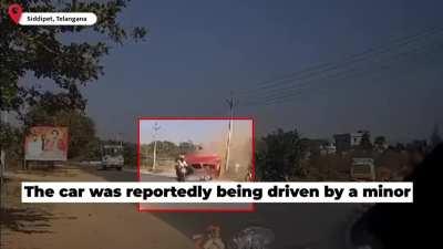 1 dead, 3 injured as car tries to overtake bus at high-speed.