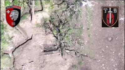 A new tactic being employed by the 63rd Mechanized Brigade. First, a ground drone drives onto the roof of the enemy dugout and performs a controlled detonation to blow off the roof then an FPV drone is flown into the hole. Such actions make it possible to