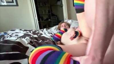 Colourful socked horny little slut loving it