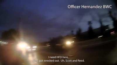 Cop drives with one hand at excess speed and hits a bystander, for lack of better term.