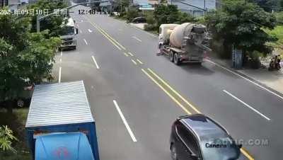 Cement truck DEMOLISHES turning vehicle