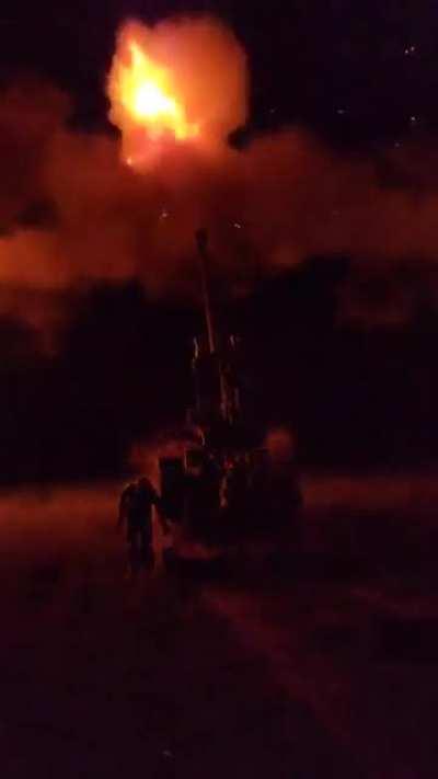 Ukrainian CAESAR self-propelled gun firing a shell