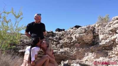 2 hiker girls sucking a random guy