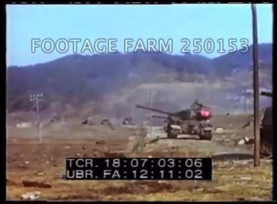 A Column of American M26 Pershing’s and one M4A3 (105) Sherman firing at North Korean / Chinese positions (March, 1951)