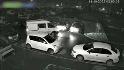 Twenty-two year old driver crashed seven times into cars in a parking lot while trying to park.