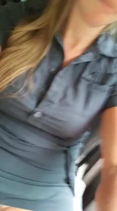 Riding around in a dangerously short dress.