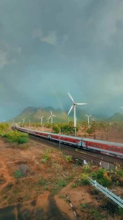 Train passing through Muppandal Windfarms,Tamil Nadu,India