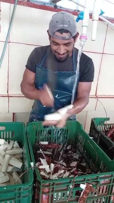 this man peeling cassava